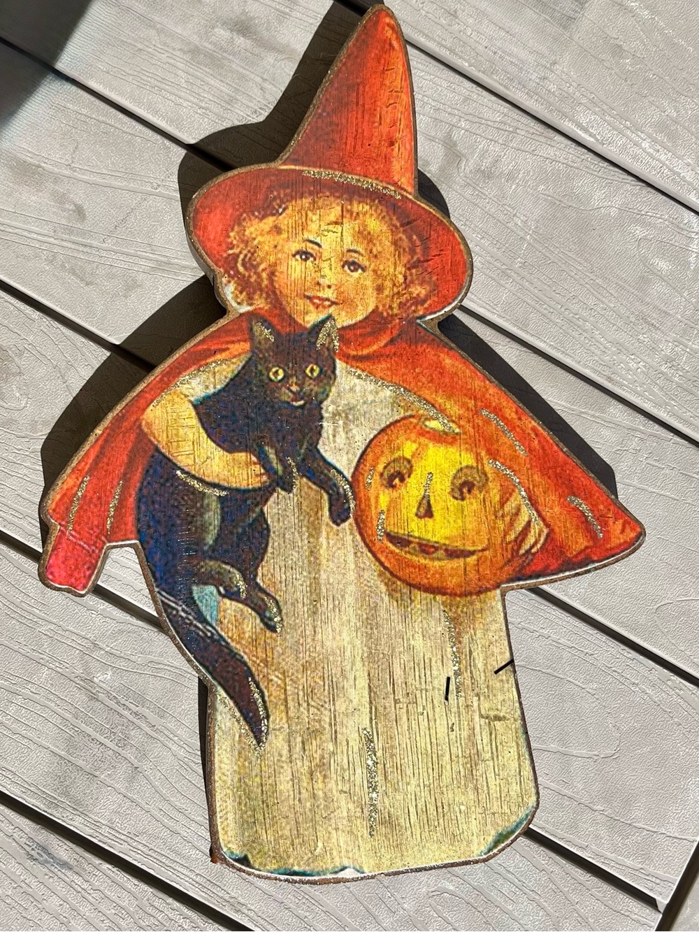 Sweet Whimsical Vintage-Style Decor of Halloween Costume Girl With Cat & Pumpkin